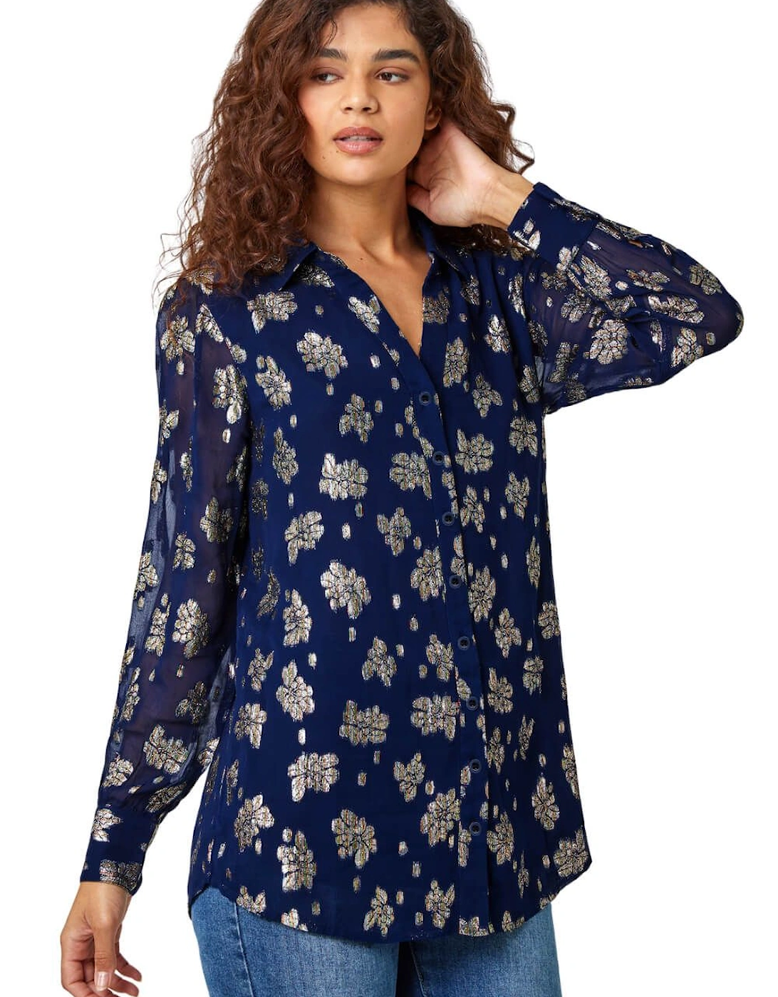 Metallic Floral Print Button Blouse, 2 of 1
