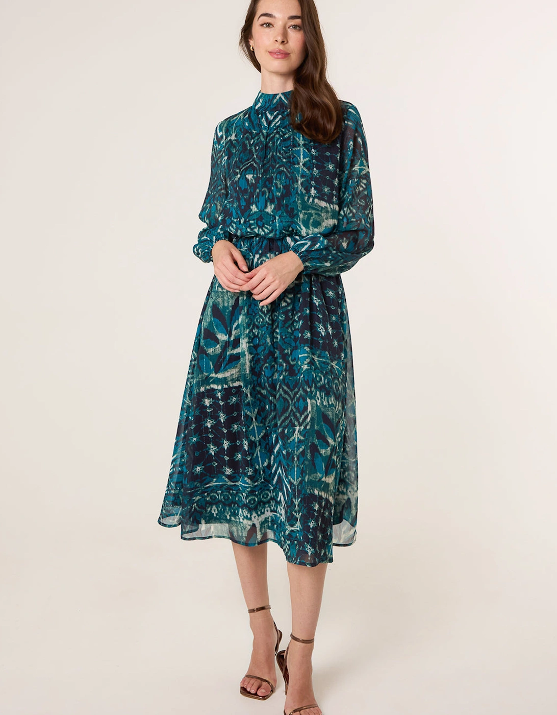 Teal Watercolour Paisley Puffball High Neck Midi Dress, 2 of 1