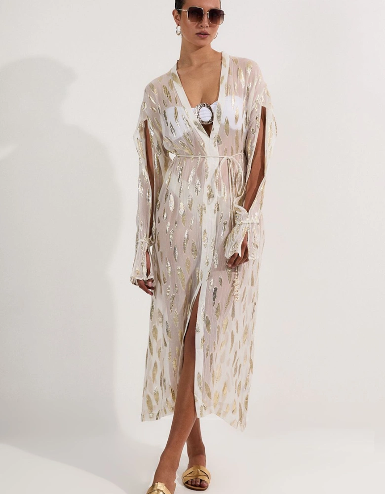 Beach Metallic Thread Plunge Shirt Maxi Dress