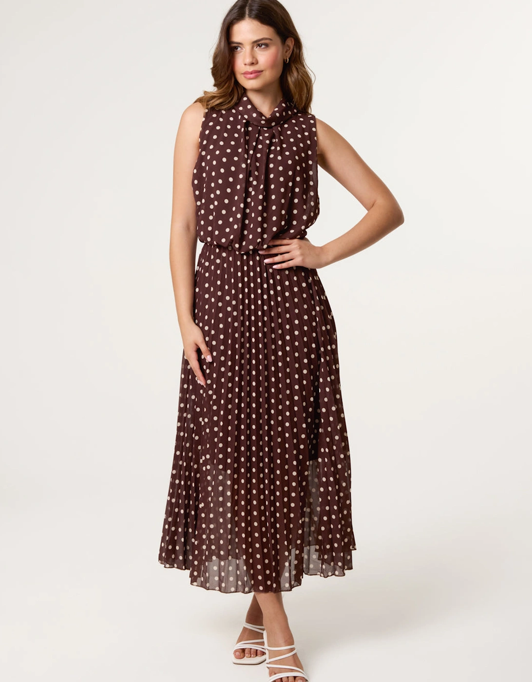 Brown Polka Dot Sleeveless Cowl Pleat Dress, 2 of 1
