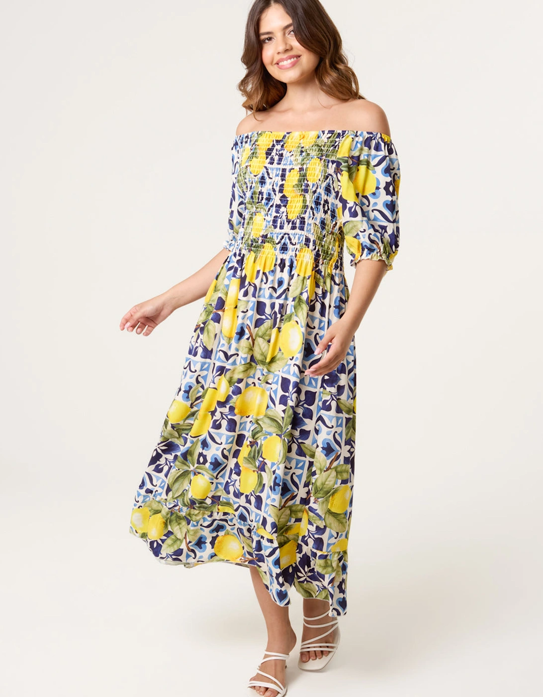 Navy Lemon Print Milkmaid Dress, 2 of 1