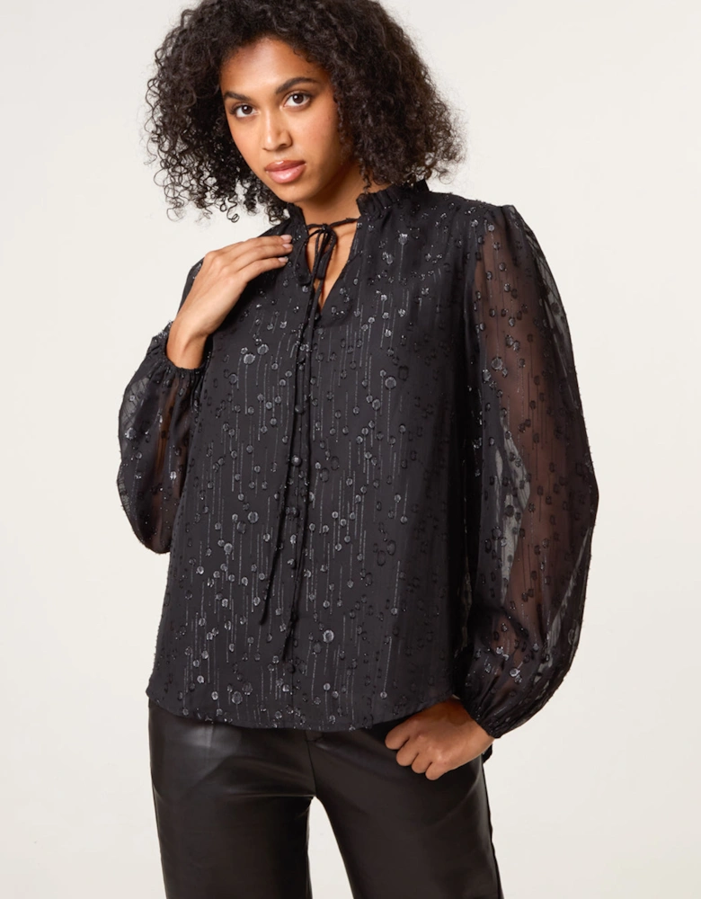 Black Jacquard Button And Tie Front Blouse