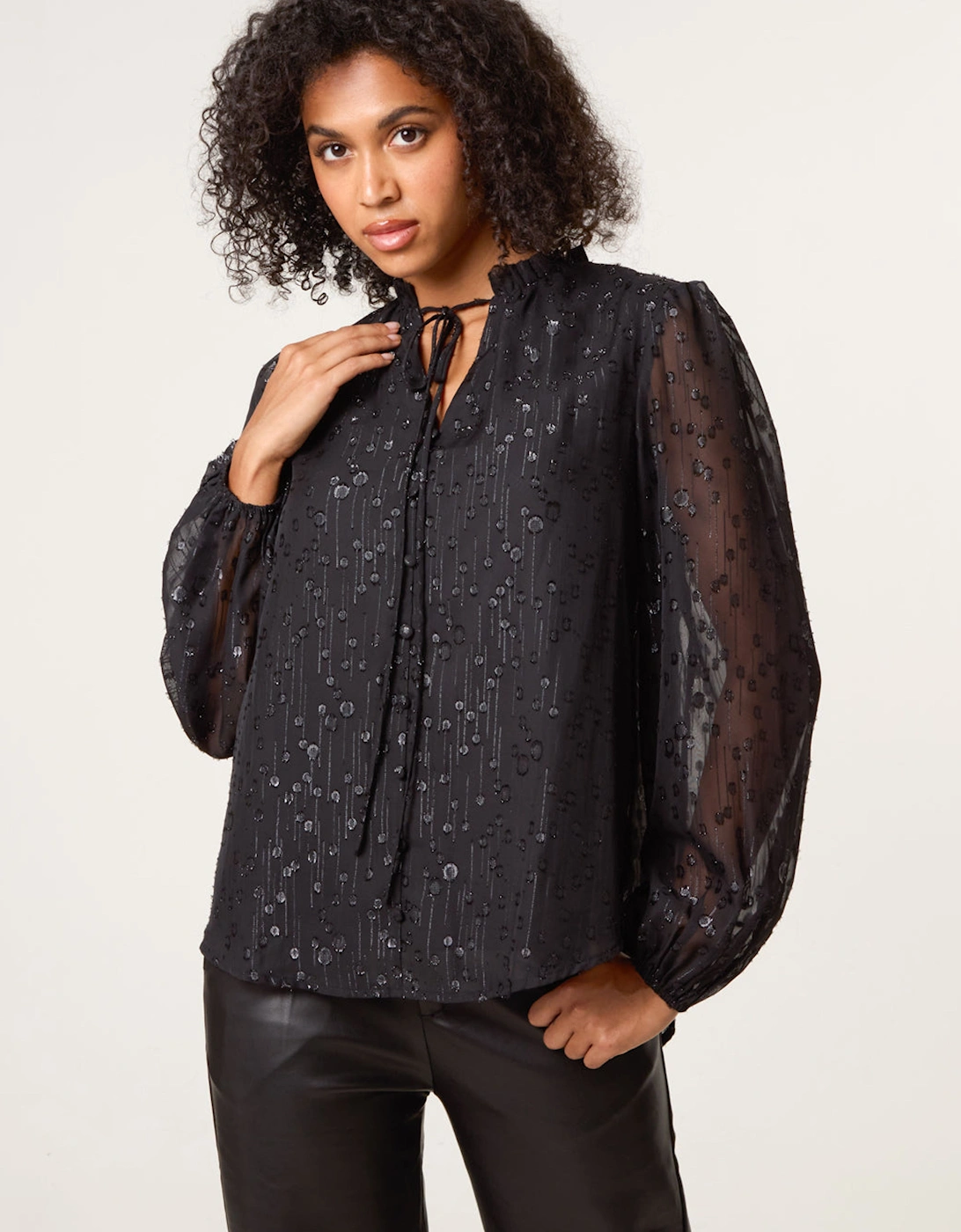 Black Jacquard Button And Tie Front Blouse, 2 of 1