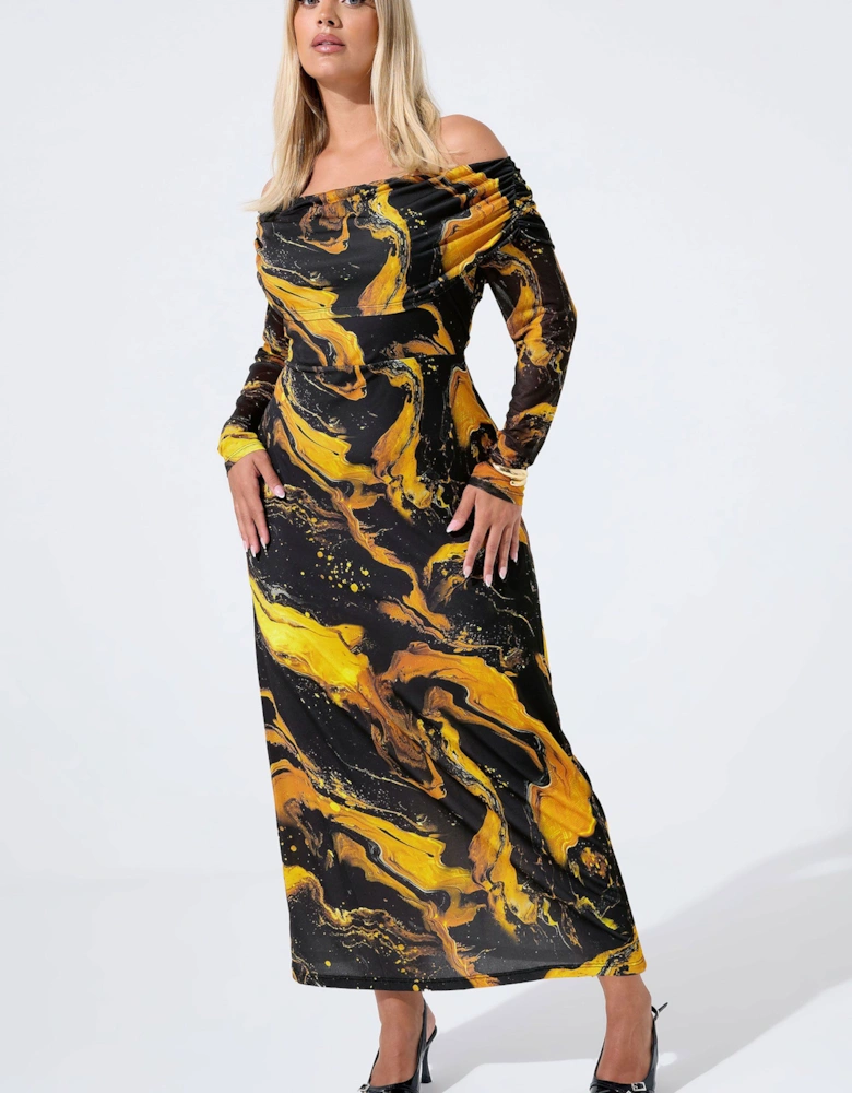 Marble Mesh Bardot Midi Dress