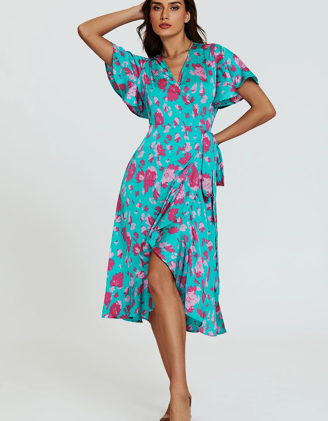 Turquoise & Hot Pink Print Angel Sleeve Wrap Midi Dress, 2 of 1
