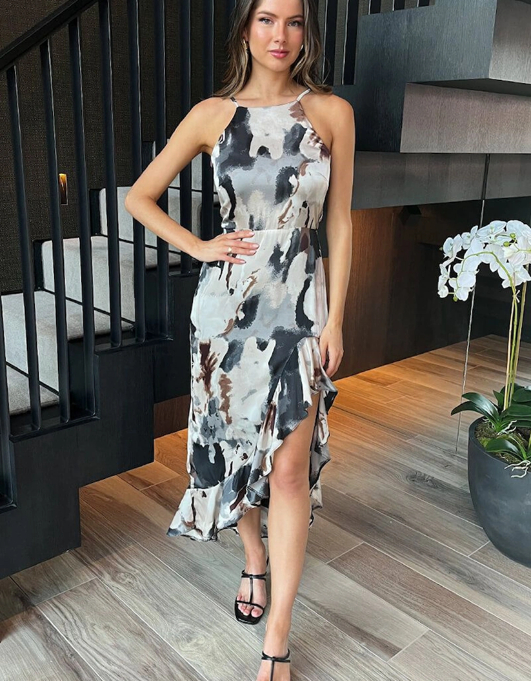 Multi Marble Print Strappy High Low Frill Hem Midi Dress, 2 of 1