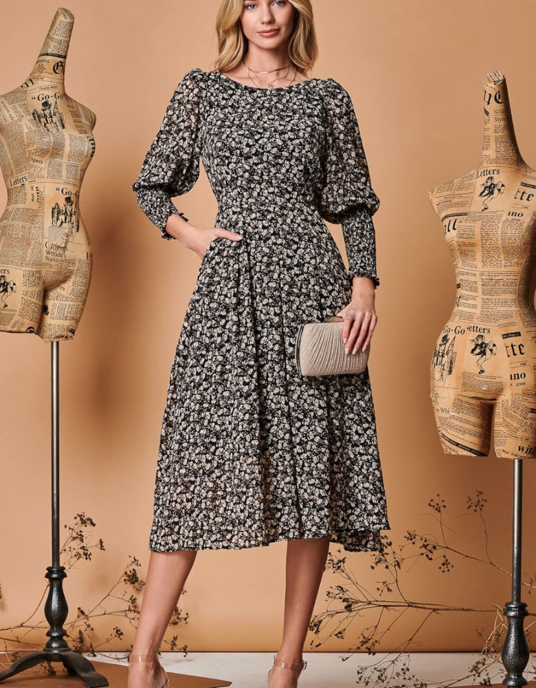 Chiffon Maxi Dress with Shirred Cuffs