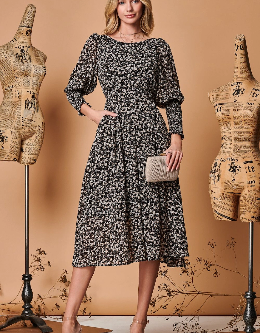 Chiffon Maxi Dress with Shirred Cuffs, 2 of 1