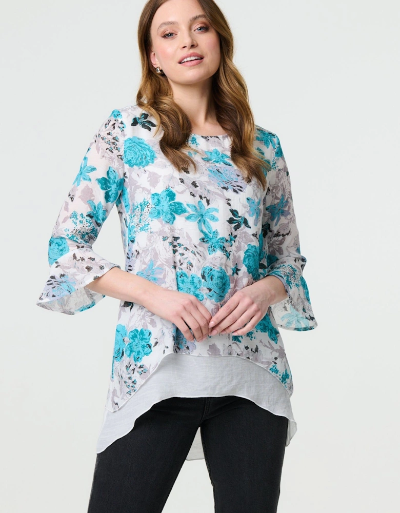 Floral 3/4 Sleeve Curve Layered Hem Blouse