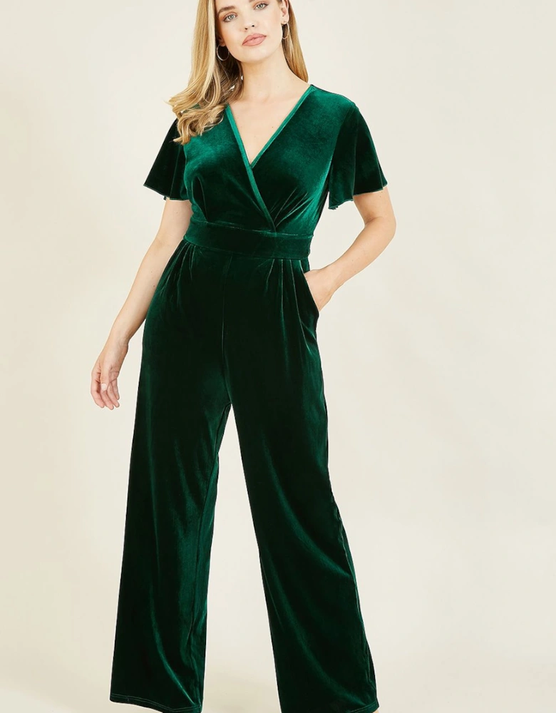 Green Angel Sleeve Velvet Jumpsuit