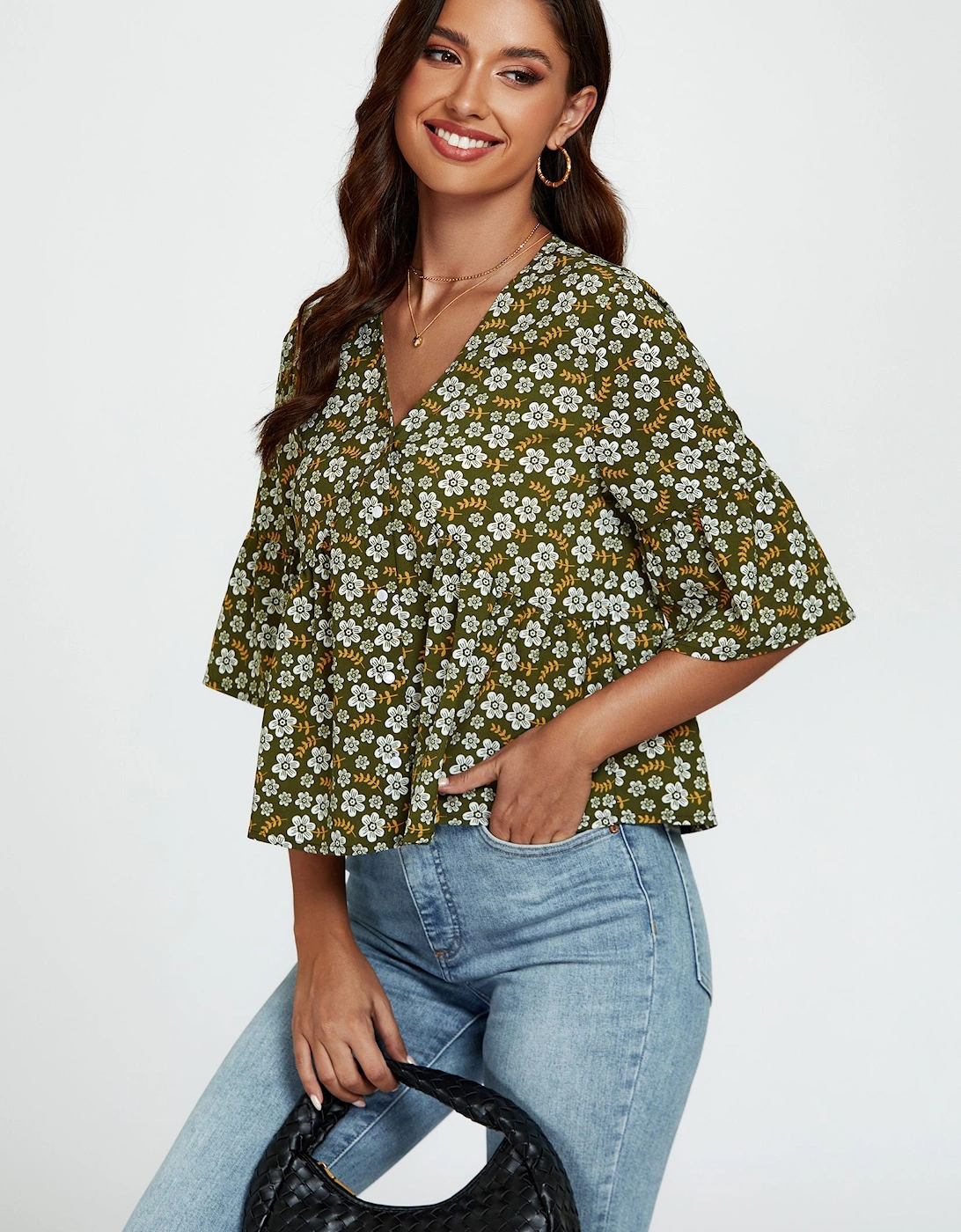 Floral Print  Short Sleeves Crop Top In Olive, 2 of 1
