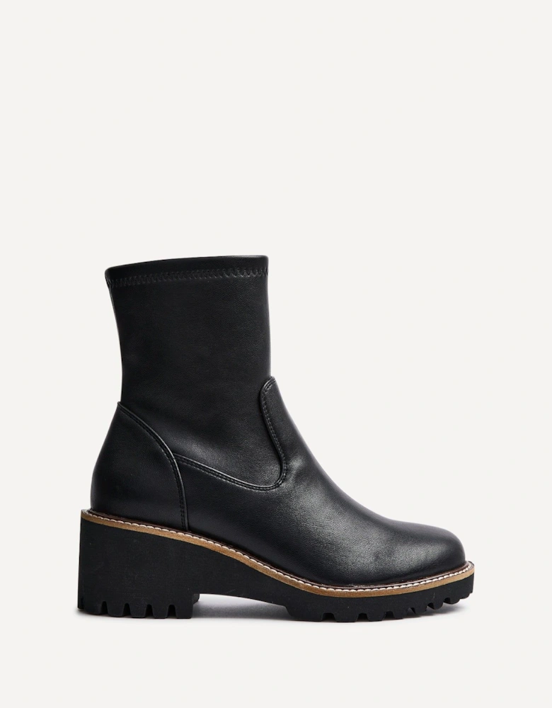 Trish Black Faux Leather Wedged Heel Ankle Boot
