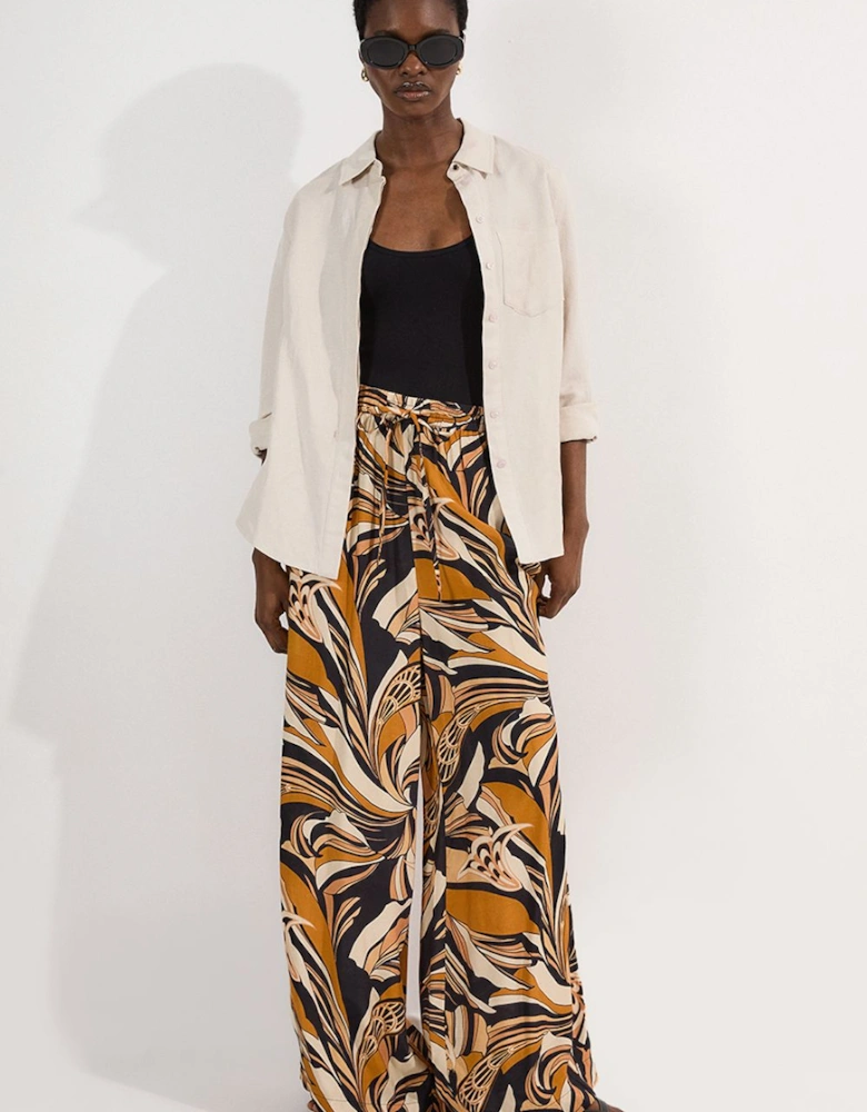 Beach Border Print Spun Viscose Tie Waist Wide Leg Trousers