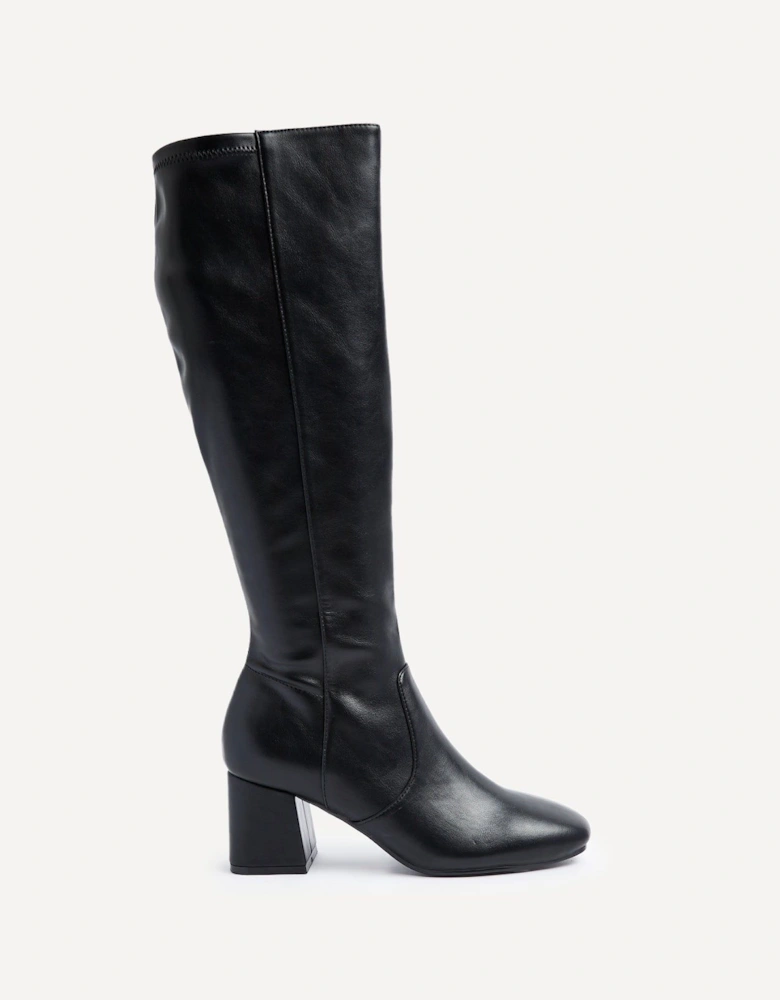 Frosty Black Faux Leather Block Heeled Knee High Boot