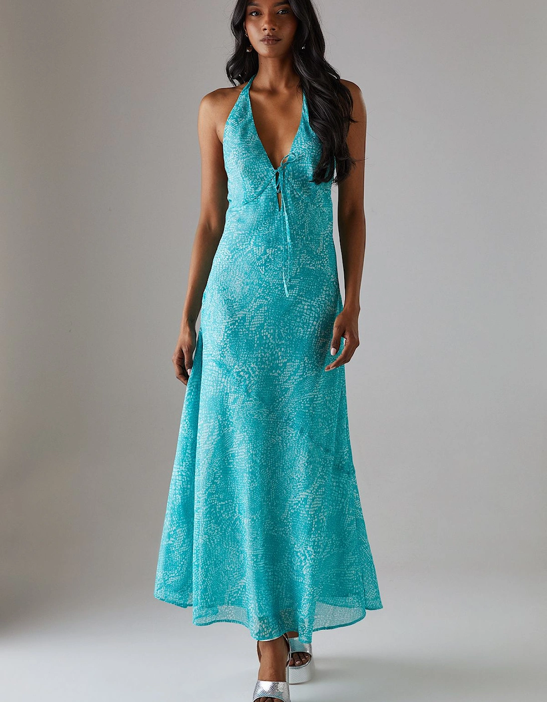 Chiffon Bias Tie Front Low Back Halter Midi Dress, 2 of 1