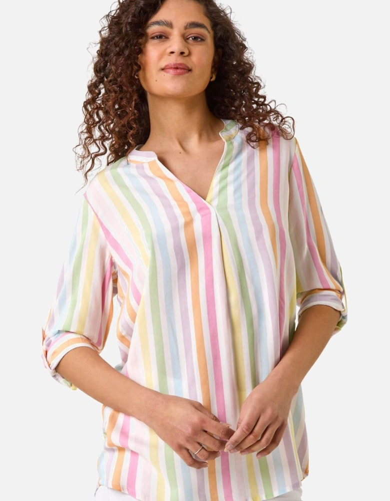 Stripe Print Pleat Detail Tunic Top