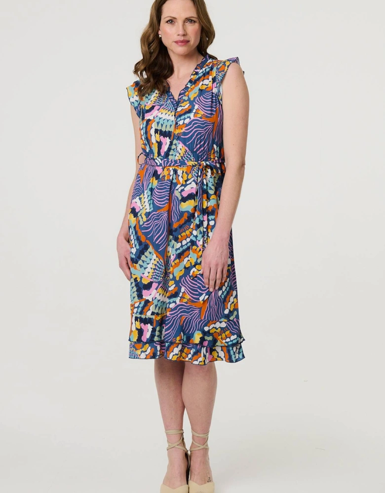 Abstract Frill Cap Sleeve Wrap Midi Dress