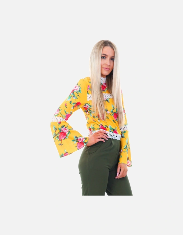 Yellow Floral Lace-Trim Blouse