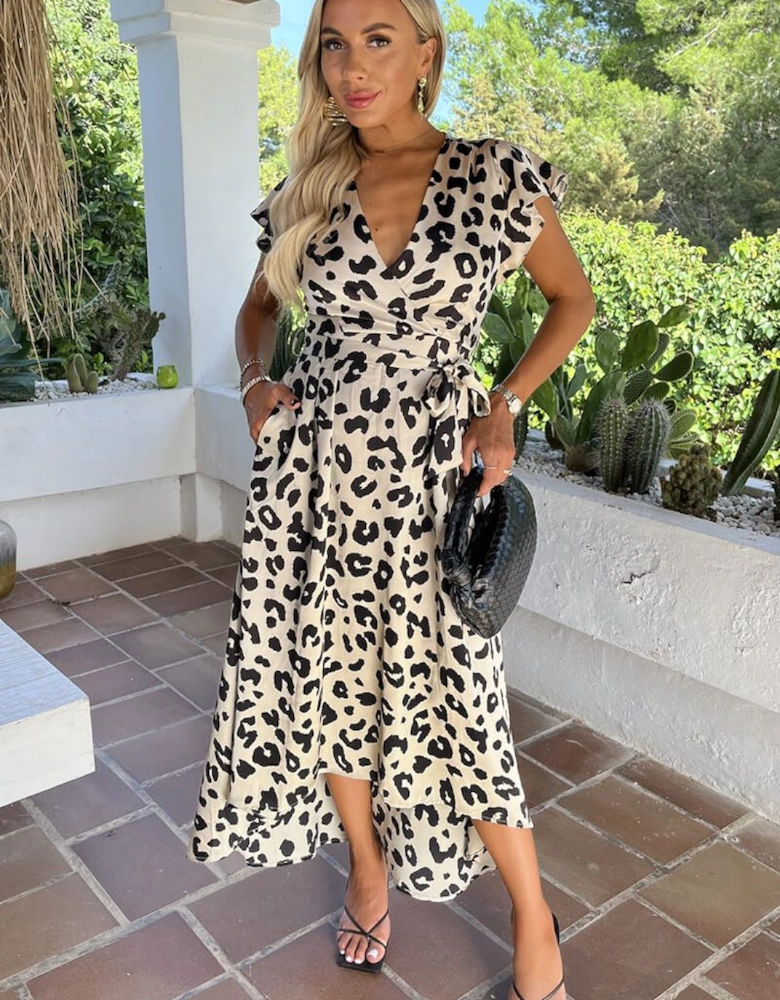 Black And Cream Leopard Print Short Sleeve Belted Wrap Midi Dress