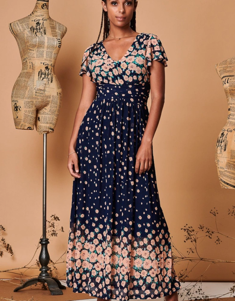 Mirrored Floral Print Mesh Maxi Dress