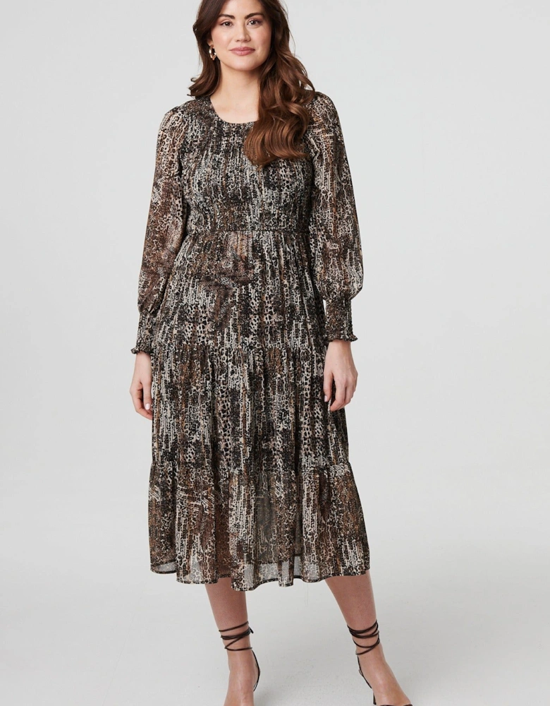 Animal Print Long Puff Sleeve Maxi Dress