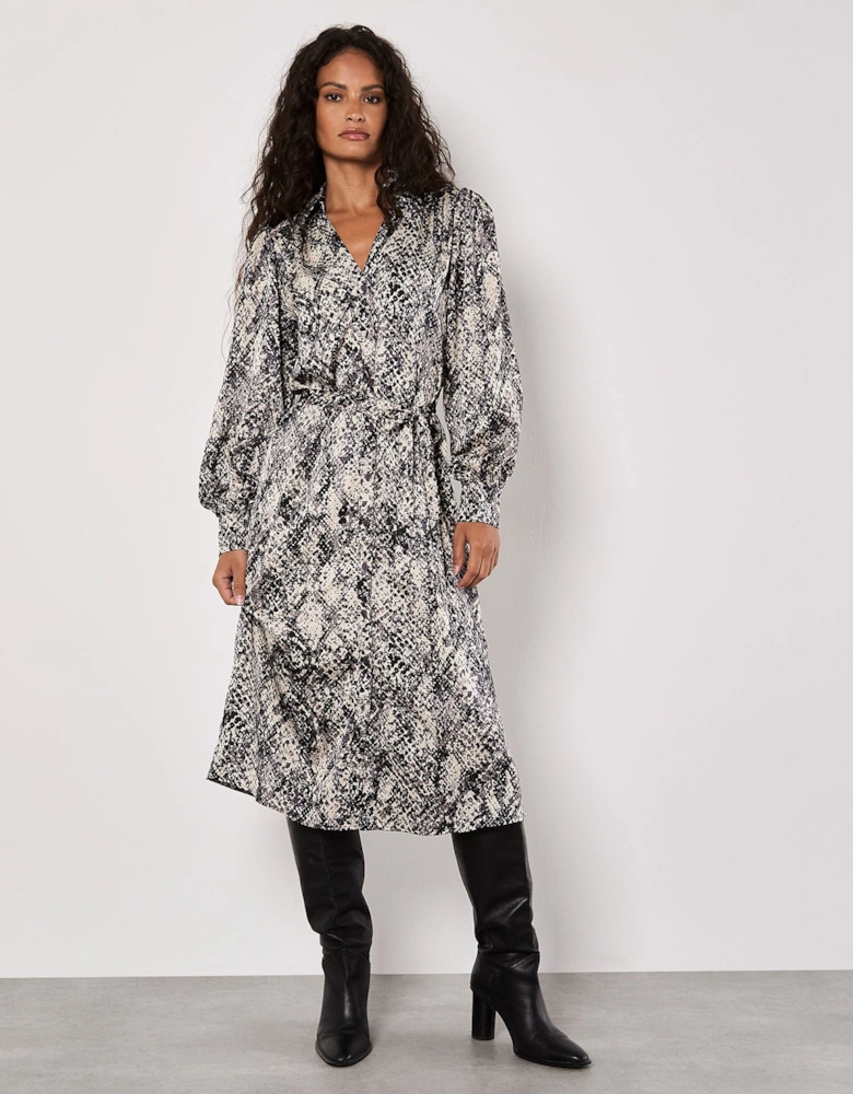 Snakeskin Print Satin Shirt Midi Dress