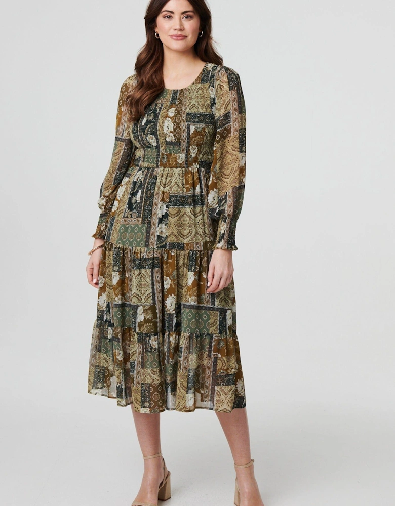 Patchwork Print Long Sleeve Midi Dress