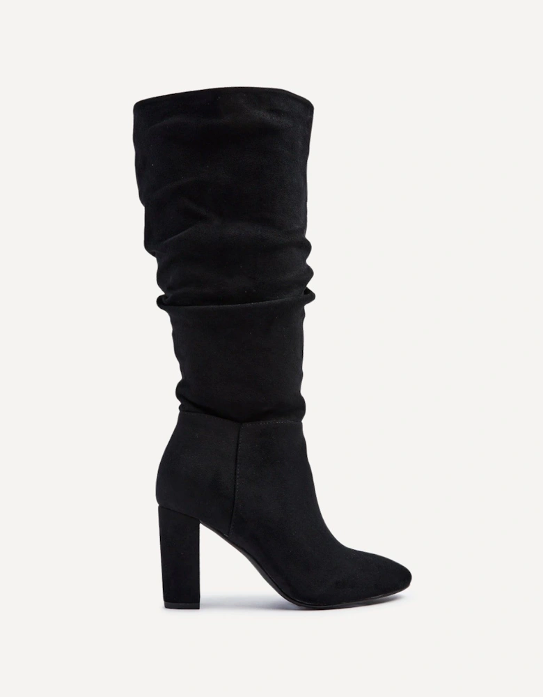 Aura Black Faux Suede Ruched Knee High Heeled Boot