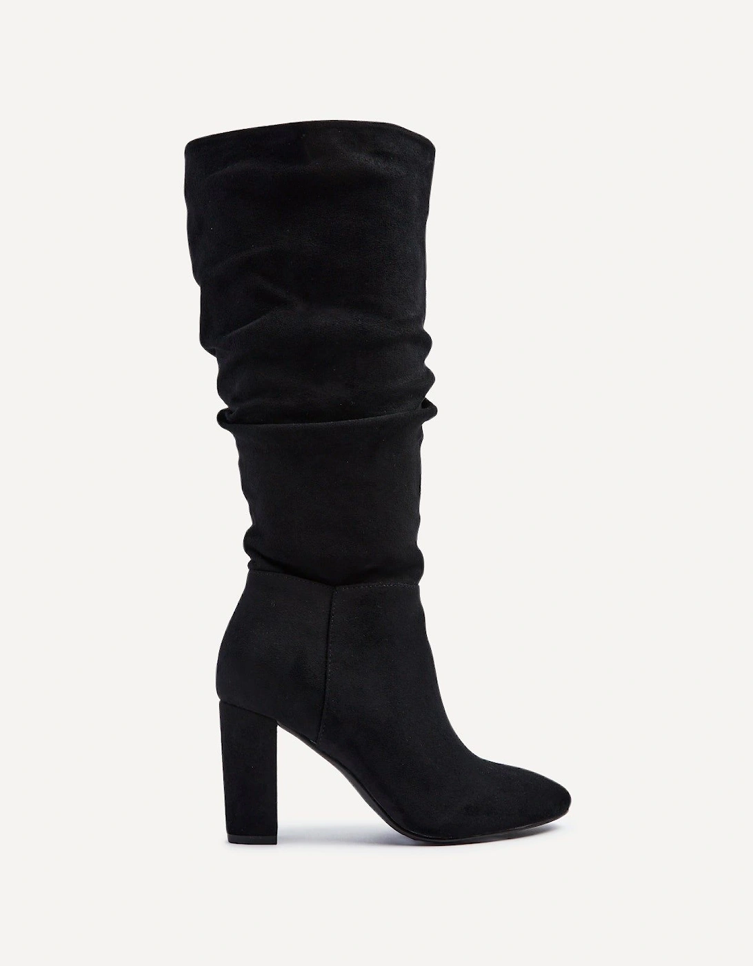 Aura Black Faux Suede Ruched Knee High Heeled Boot, 2 of 1