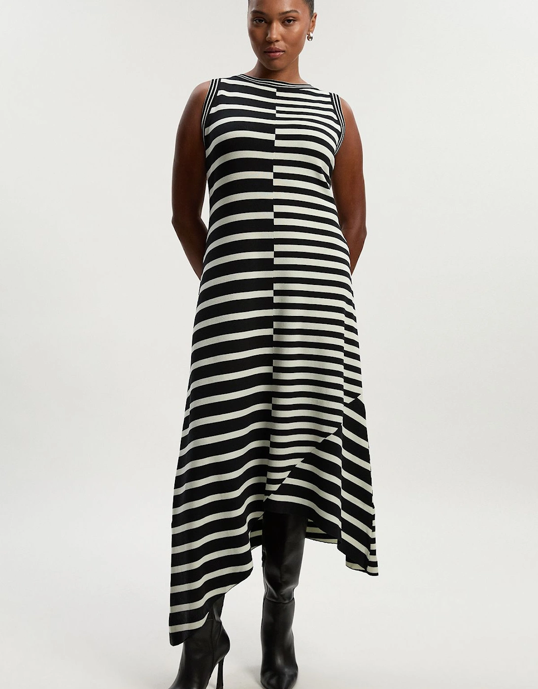 Plus Size Asymmetric Hem Cut About Stripe Sleeveless Knitted Midi Dress, 2 of 1
