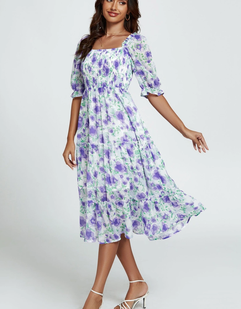 Floral Print Bardot Puff Sleeve Elasticated Detail Midi Dress In White