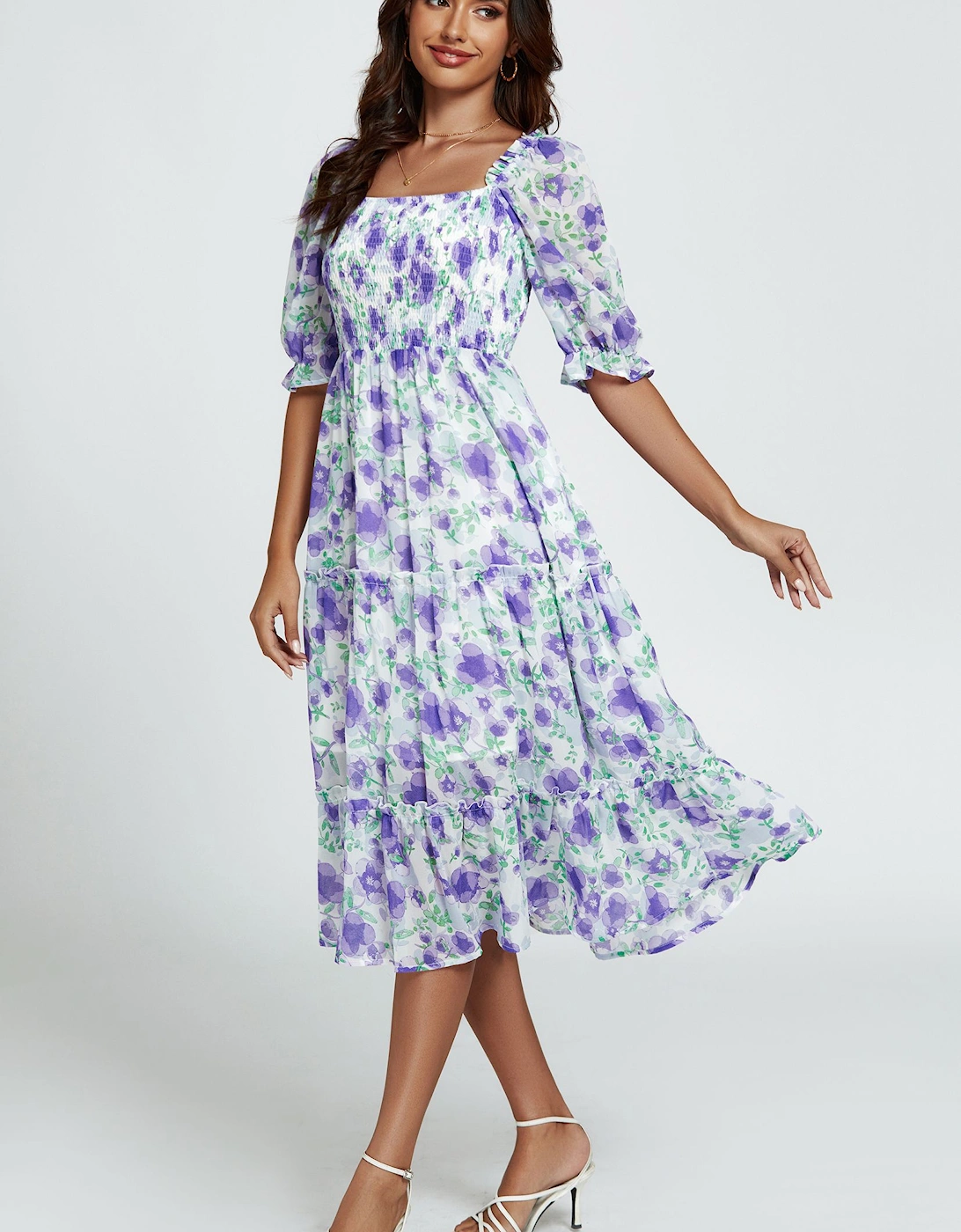 Floral Print Bardot Puff Sleeve Elasticated Detail Midi Dress In White, 2 of 1