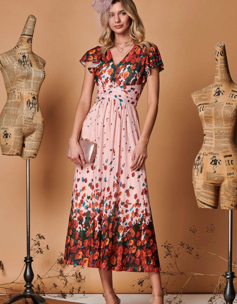 Symmetrical Floral Print Mesh Maxi Dress