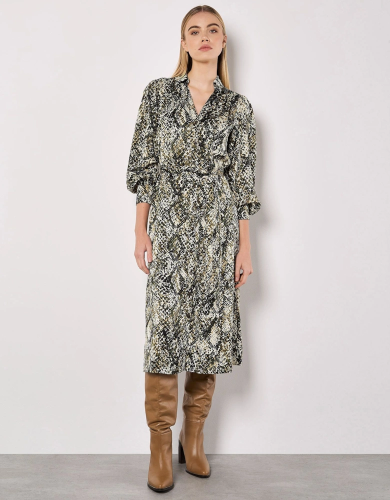 Snakeskin Print Satin Shirt Midi Dress