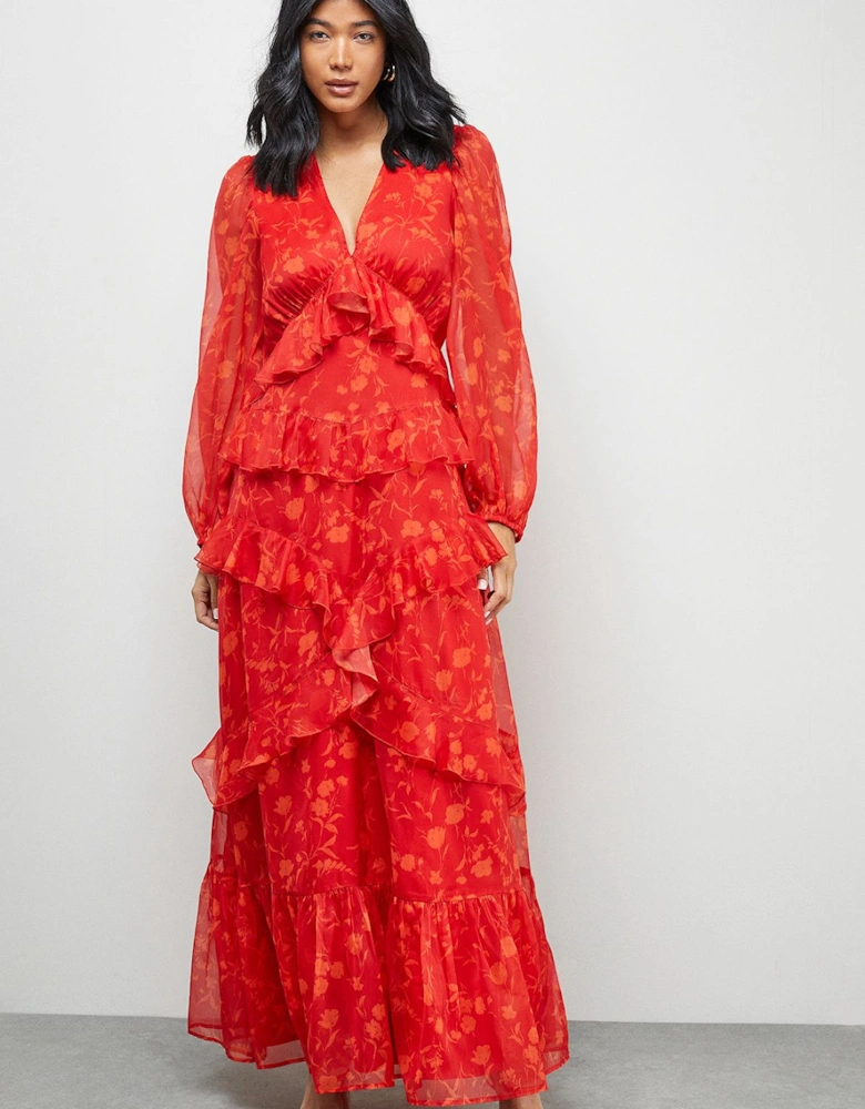 Print Chiffon Plunge Neck Ruffle Detail Volume Sleeve Maxi Dress