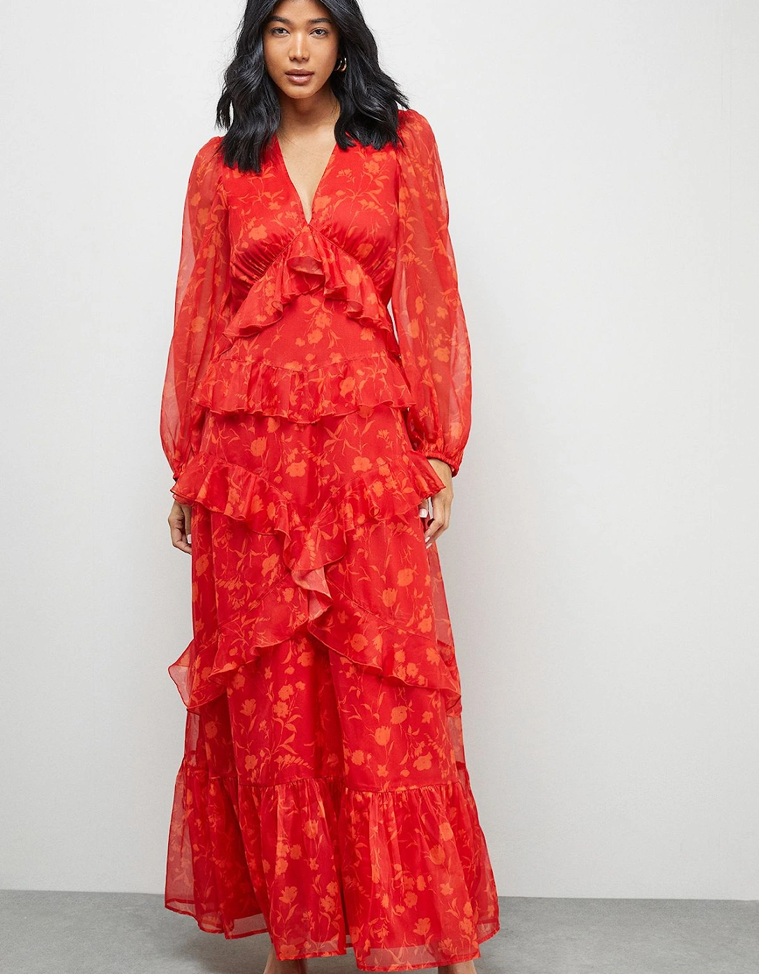 Print Chiffon Plunge Neck Ruffle Detail Volume Sleeve Maxi Dress, 2 of 1