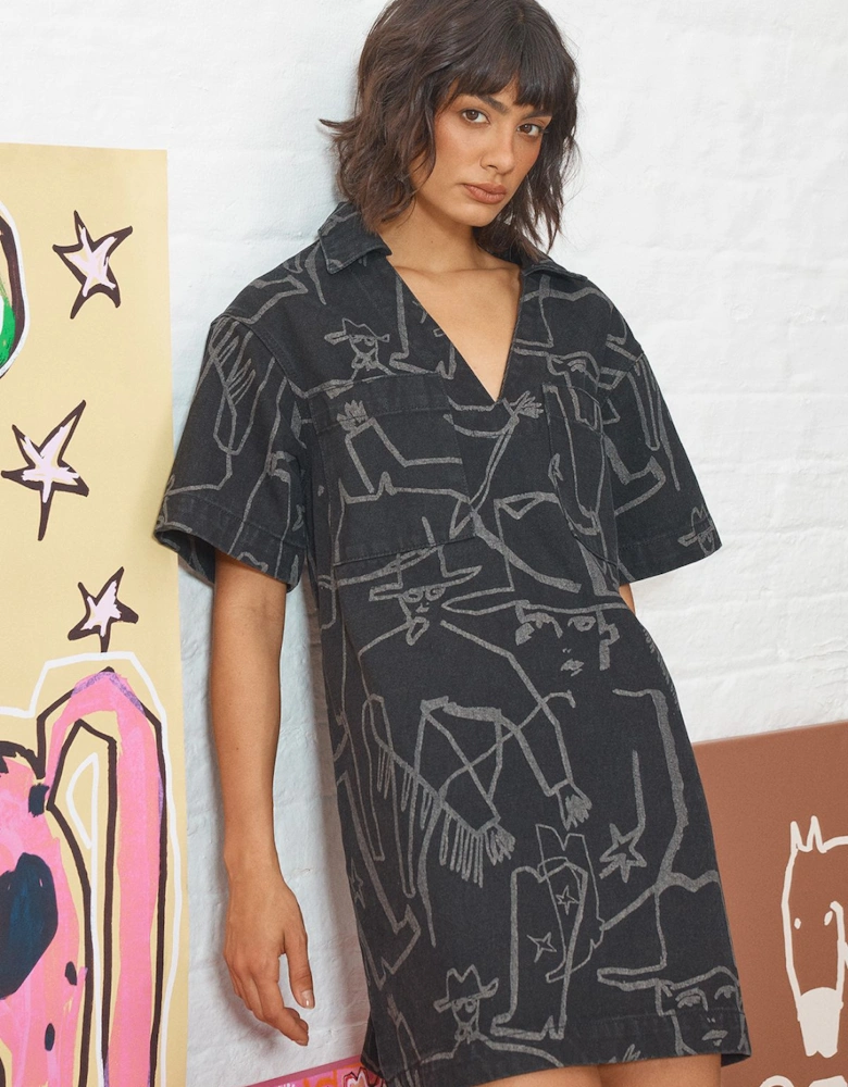 Tony Printed Boxy Denim Mini Dress With Pockets