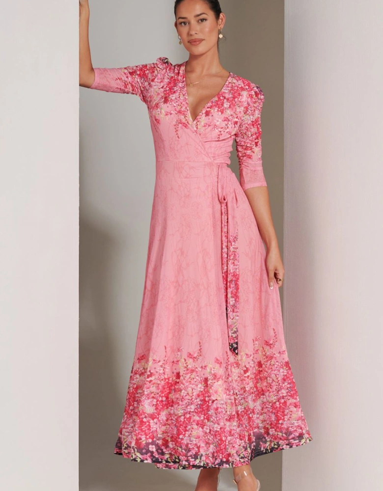 Peggy Ruched Sleeve Wrap Mesh Maxi Dress