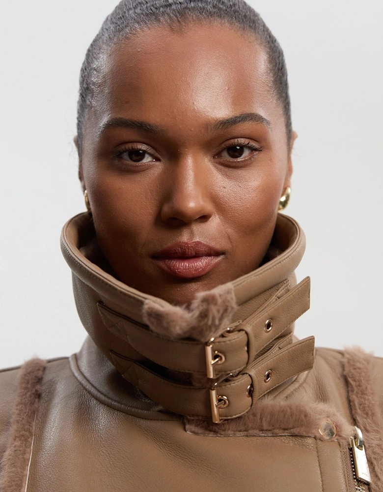 Plus Size Faux Fur Buckle Detail Belted Biker Midi Coat