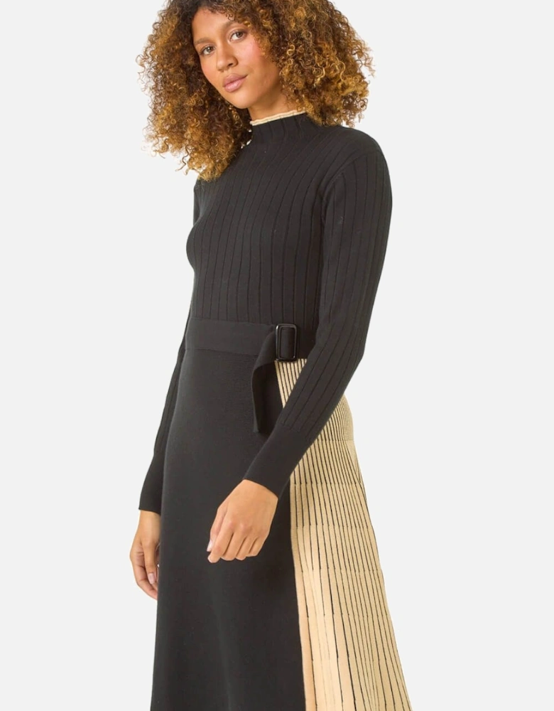 Contrast Panel Belt Knitted Dress