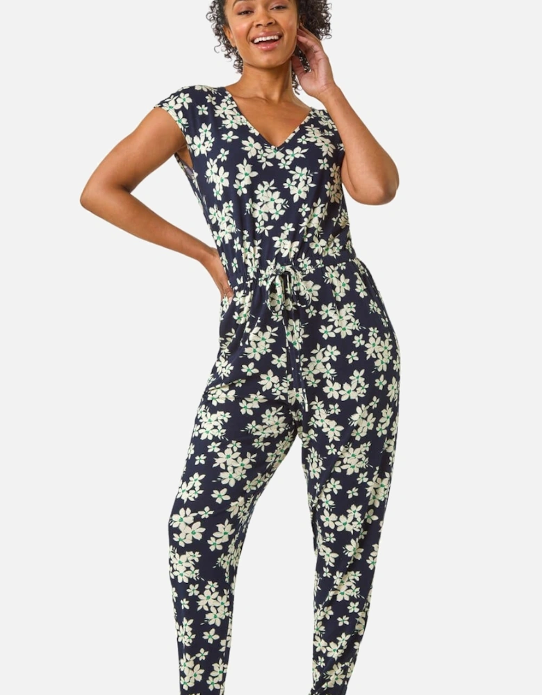 Petite Floral Print Tie Stretch Jumpsuit