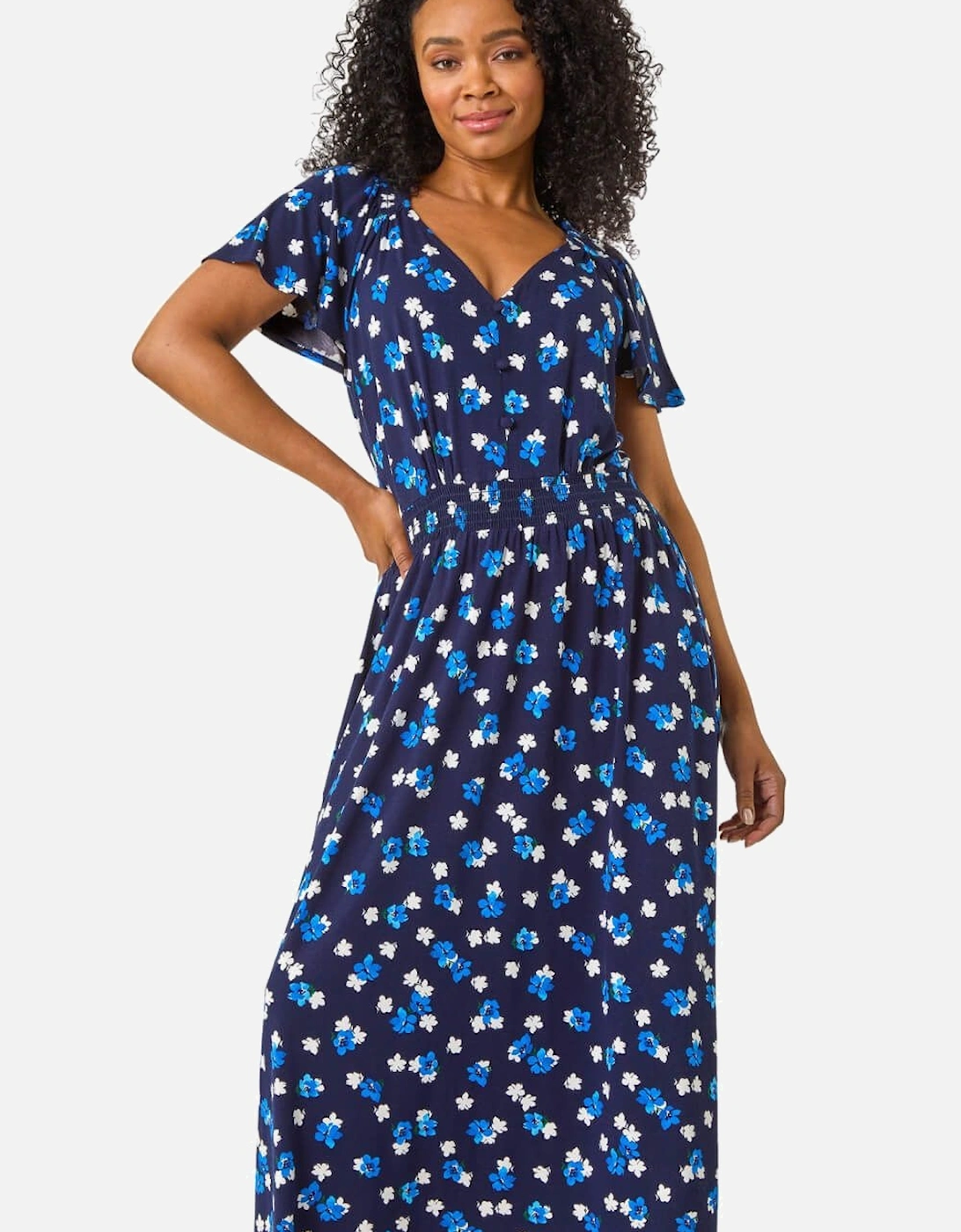 Petite Spot Shirred Waist Stretch Midi Dress, 2 of 1