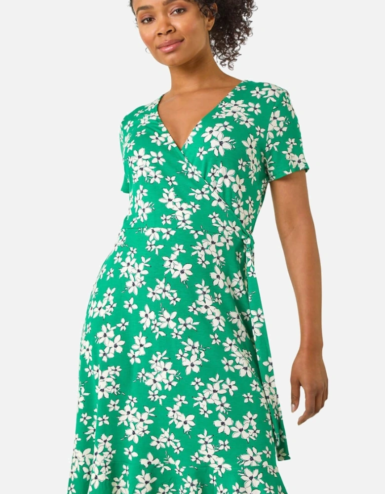 Petite Floral Print V-Neck Frill Dress