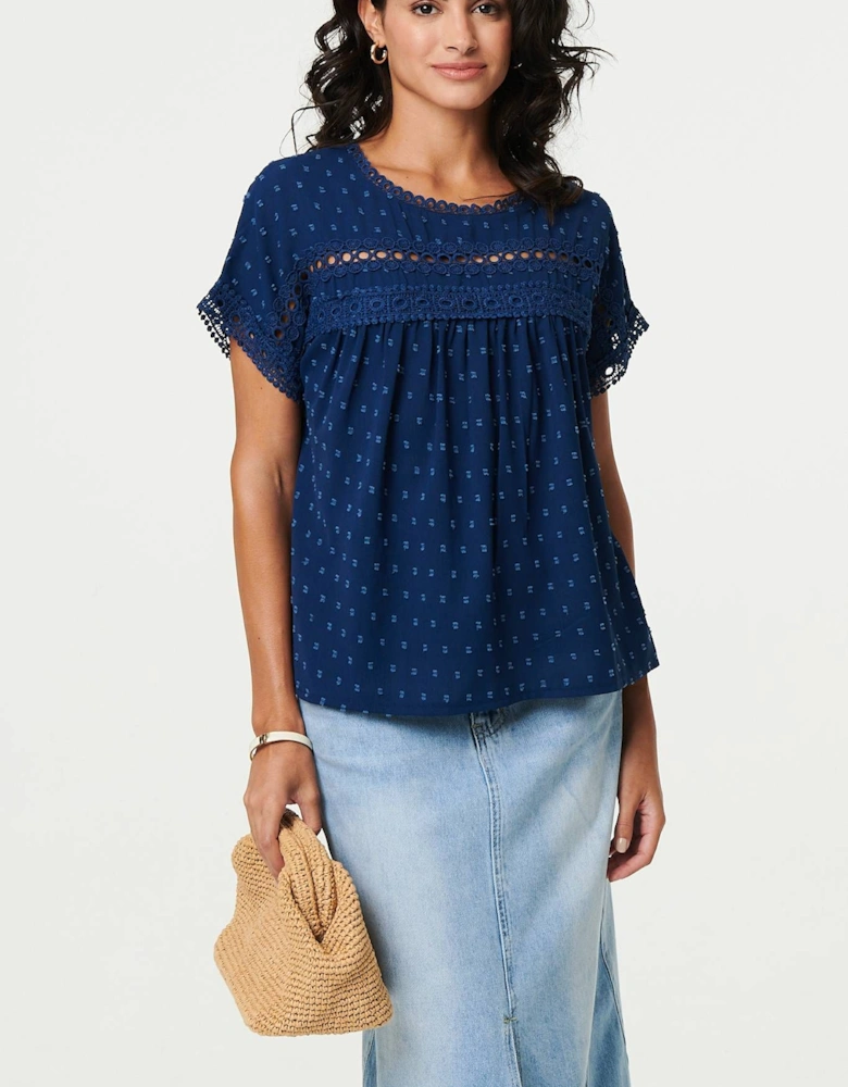 Lace Trim Short Sleeve Button Back Blouse