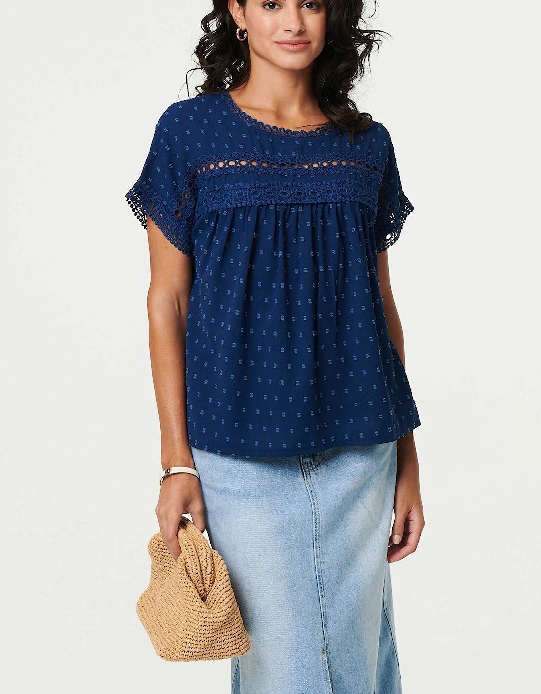 Lace Trim Short Sleeve Button Back Blouse, 2 of 1