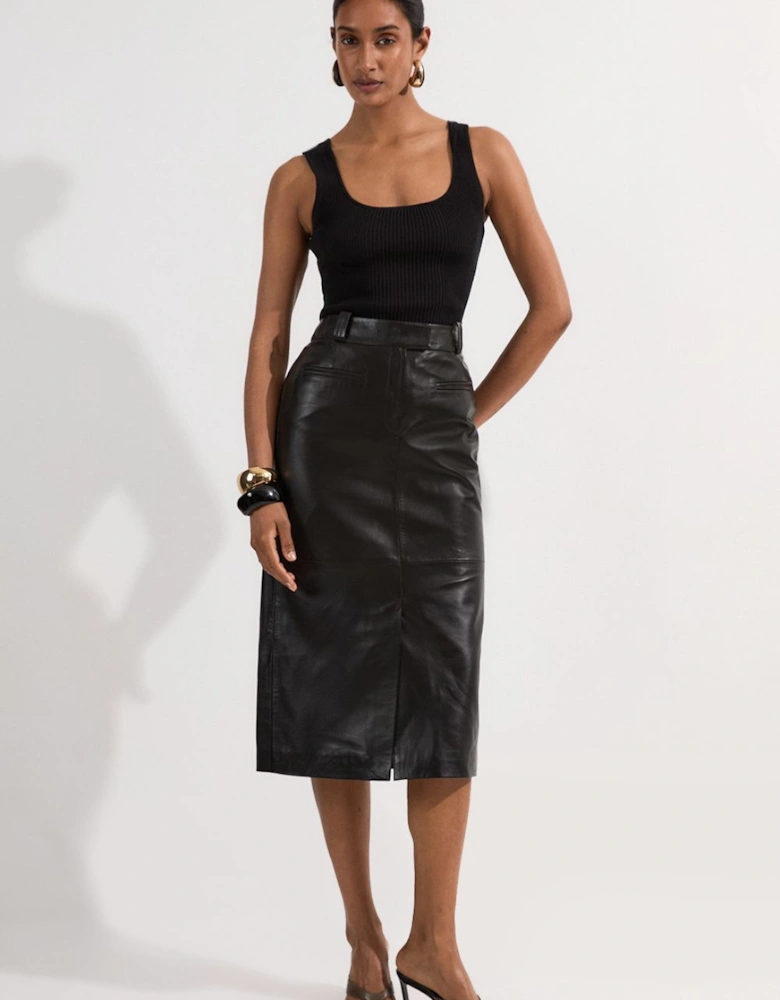 Leather Tailored Pencil Midi Skirt