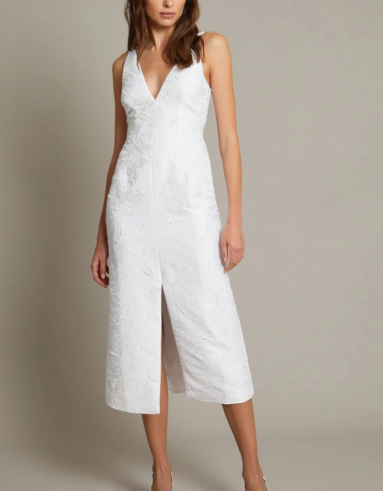 Frida Hand-Beaded Jacquard Pencil Wedding Dress Ivory