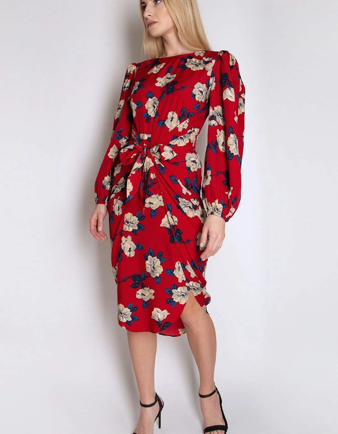 Full Sleeve Floral Dress with Knot Waist Detail, 2 of 1