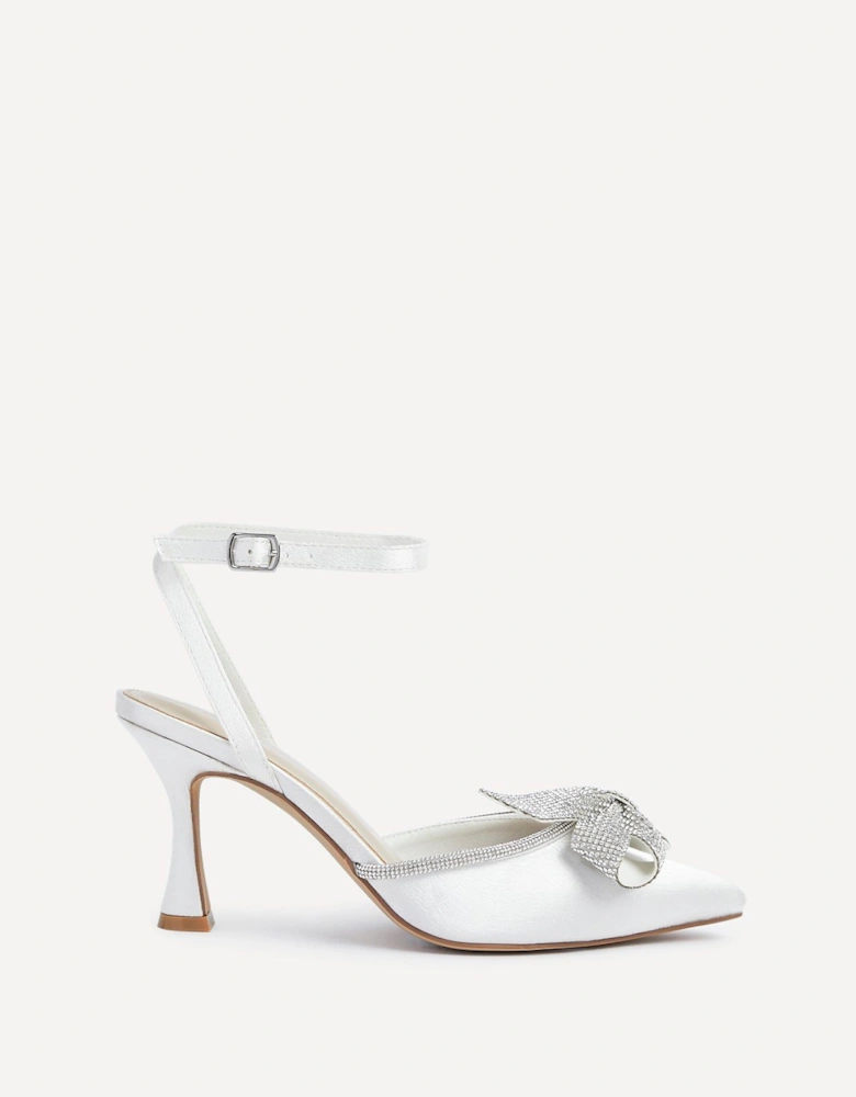 Angela Ivory Satin Diamante Bow Detail Court Heel