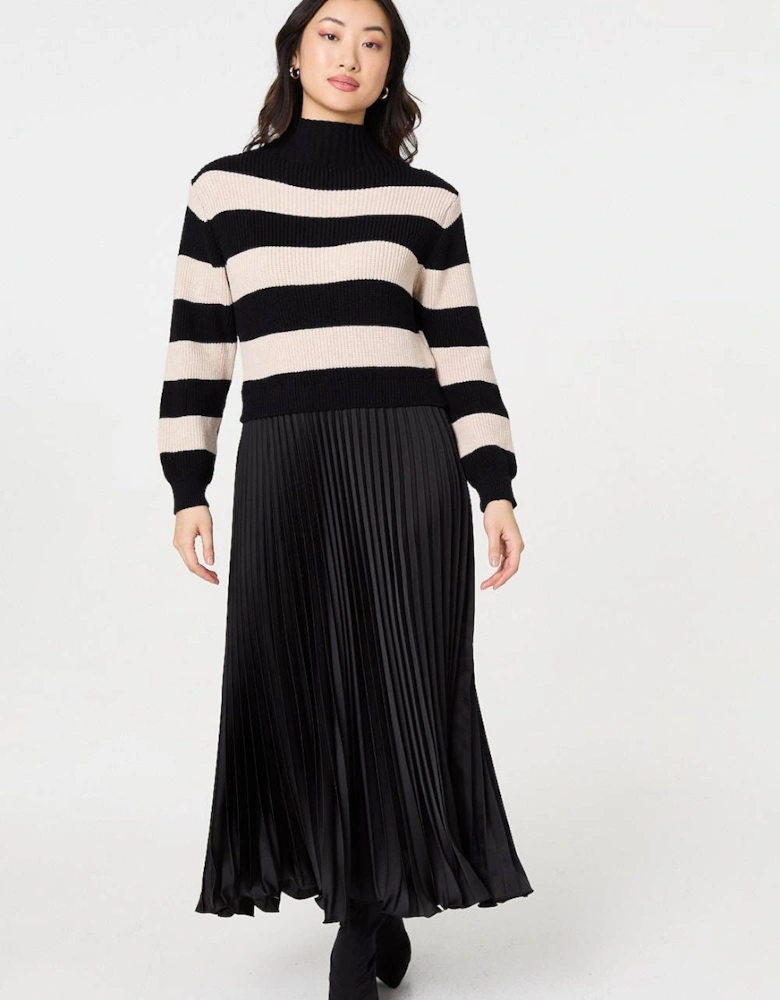 Striped High Neck Pleat Knit Maxi Dress